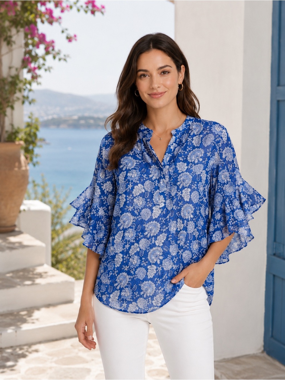 NEW Vince Camuto Ruffle Blouse with Mandarin Collar Size M